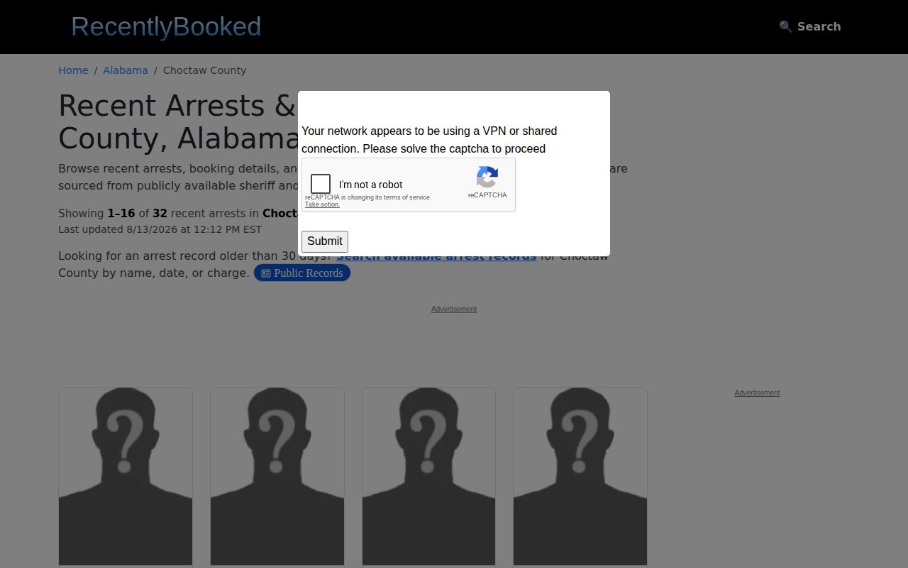 Choctaw County unofficial recent arrest and mugshot section on Recently Booked