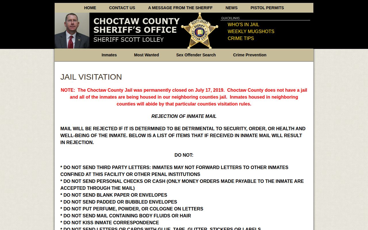 Choctaw County Jail closure notice for custody records