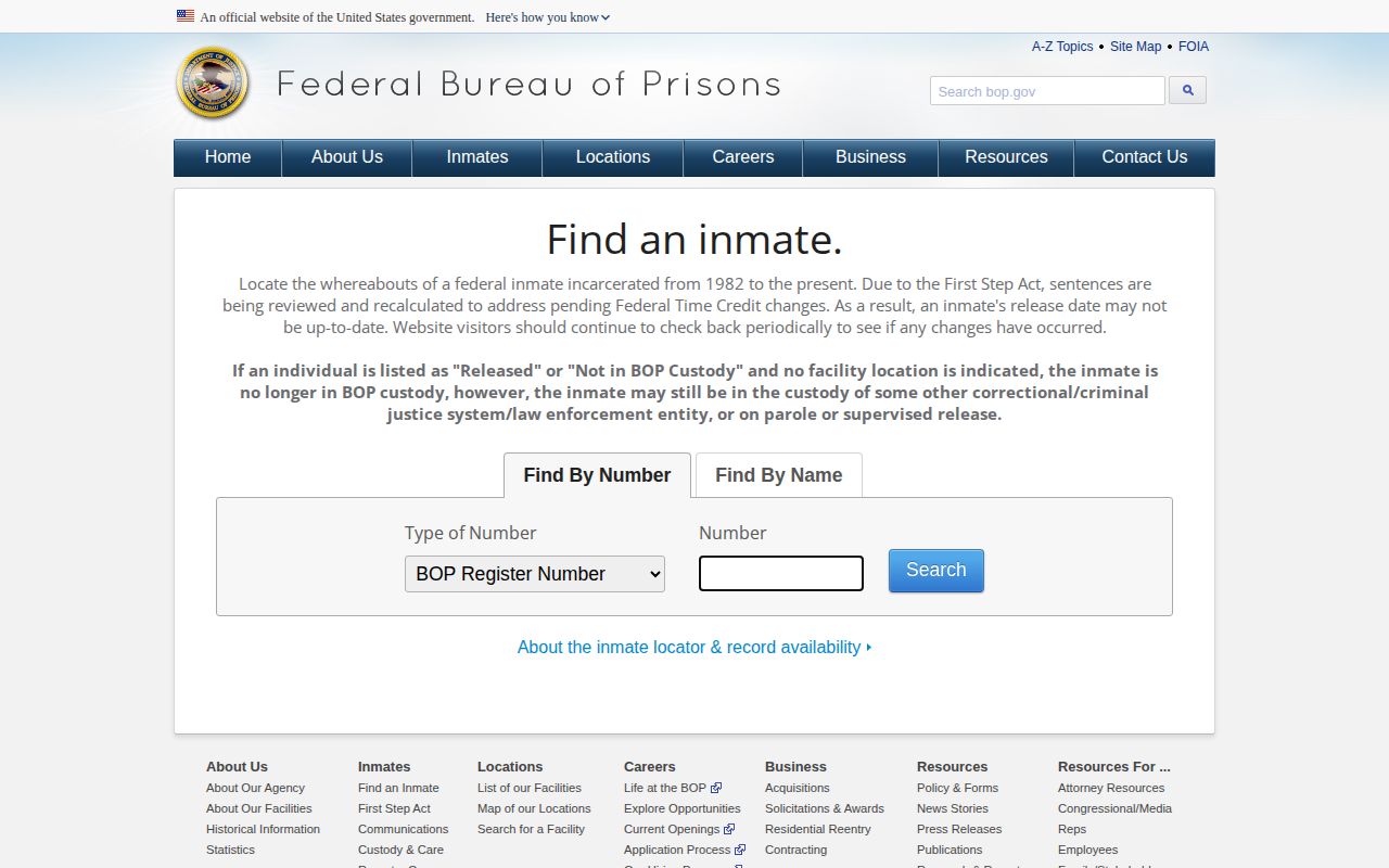 Federal Bureau of Prisons inmate locator for federal custody checks