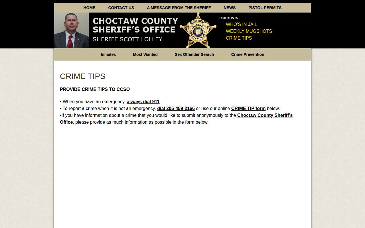 Choctaw County Sheriff's Office official crime tip route